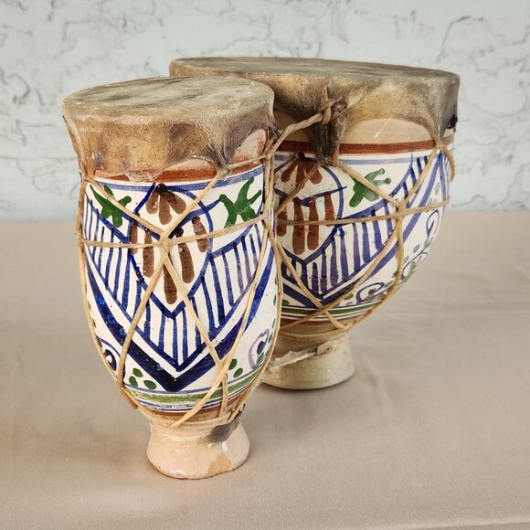 Moroccan Hand-Painted Ceramic Bongo Drums with Goat Hide – Handmade Folk Art - Picture 6 of 16